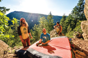 Hum, Schulte and Devin Finucane chill beneath the Red-Tailed Hawk Dyno. Photo: Keith Ladzinski.
