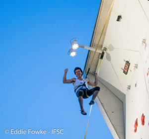 Carlos Granja, of Ecuador, competing in speed climbing where he took first place for male Juniors. Photo: Eddie Fowke.