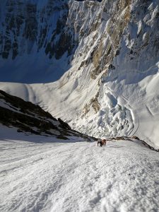 Kennedy and Wharton solo easy snow on the first day of climbing. Kennedy writes: “At this point we had already climbed all night and the daunting scale of the route was starting to sink in.” Photo: Kyle Dempster.