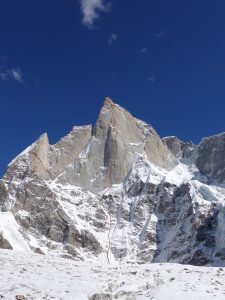 The new route, Har-Har Mahadev (VII 6b A3+ M6), on Cerro Kishtwar. Photo: Courtesy of Thomas Huber.