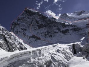 Route topo. "Our rappel line through the lower ice cliff is actually slightly out of frame. However, we were deposited very near the bottom arrow point near the blackened ice, where debris from the ice above ran with regularity," Villanueva writes. Photo: Tino Villanueva.