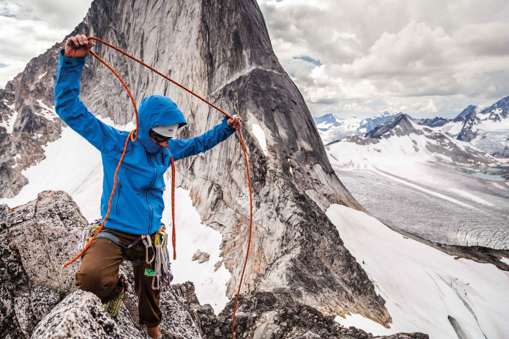 Kaare Iverson on the summit of McTech Arete (5.10-), Bugaboos, British Columbia, Canada. Photo: Dan Holz.