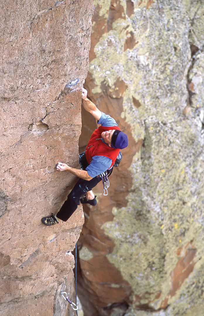 Rick Bradshaw and the iron rock of You're Scaring the Horses (5.12b), Early Wall, Diablo Canyon near Santa Fe. Photo: Jay Foley.