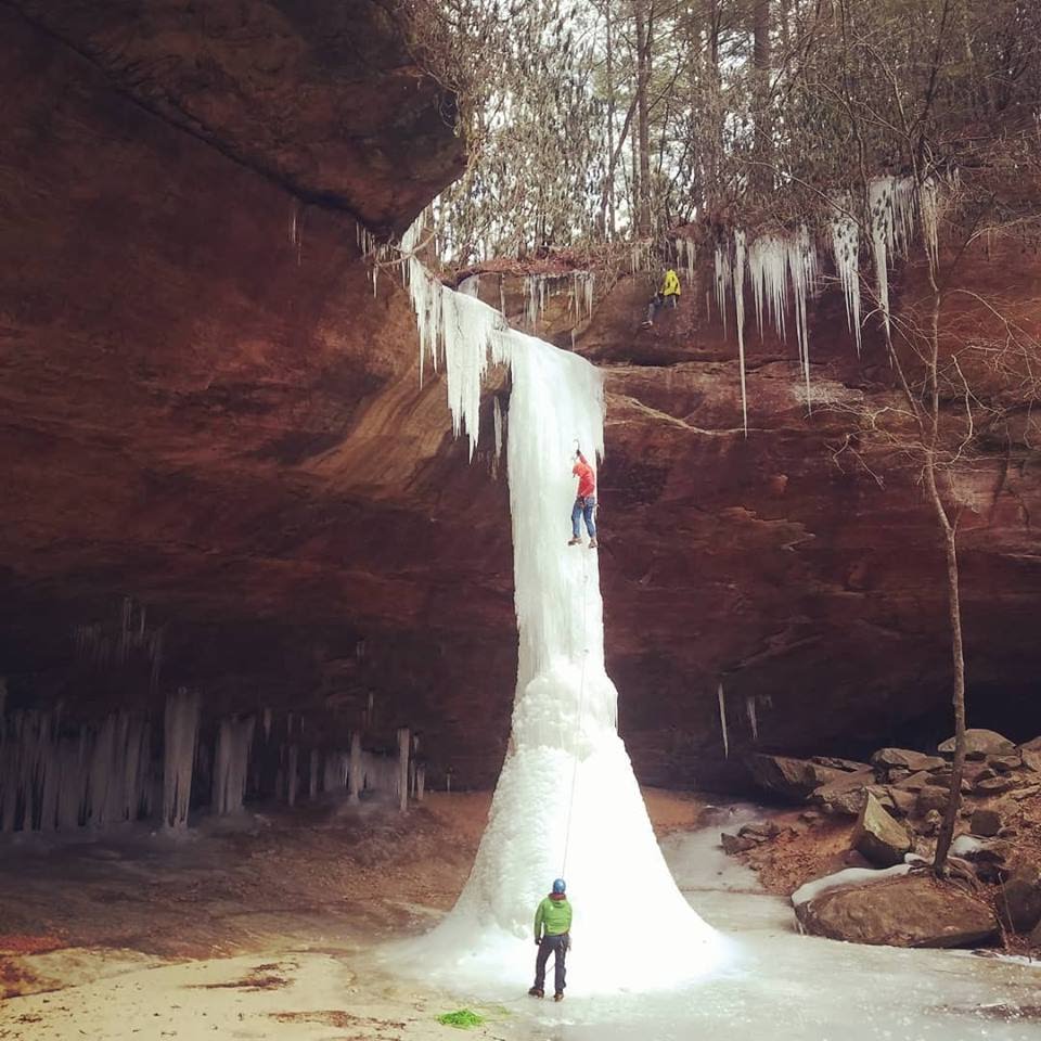 Heath Rowland on the first ascent of Copperas Creek Falls, Red River Gorge, Kentucky. Photo: Erik Kloeker.