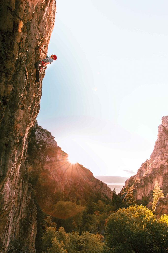 Perin Blanchard in Rock Canyon, a neighboring area to American Fork. Here, he rocks on Forsaken (5.11b) at The Hidden Wall. Photo: Thomas Hoimes.