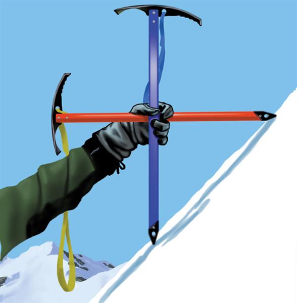 <strong>Figure 2.</strong> Using ice axes to measure slope angle. when both spikes touch the snow as shown, the slope is 45 degrees. <strong>Figure 2.</strong> Using ice axes to measure slope angle. when both spikes touch the snow as shown, the slope is 45 degrees.