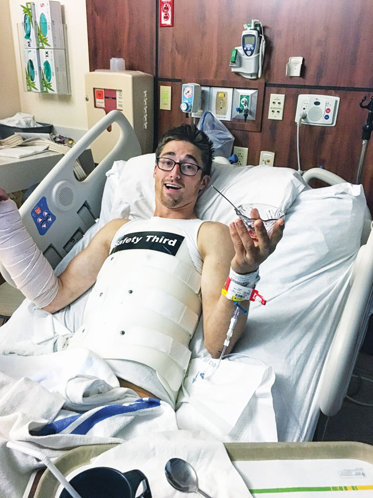 Safety third! The author puts a positive spin on his ordeal. Here he relishes his first bite of food after a surgery. It was Jell-O. Photo: Chris May. Safety third! The author puts a positive spin on his ordeal. Here he relishes his first bite of food after a surgery. It was Jell-O. Photo: Chris May.
