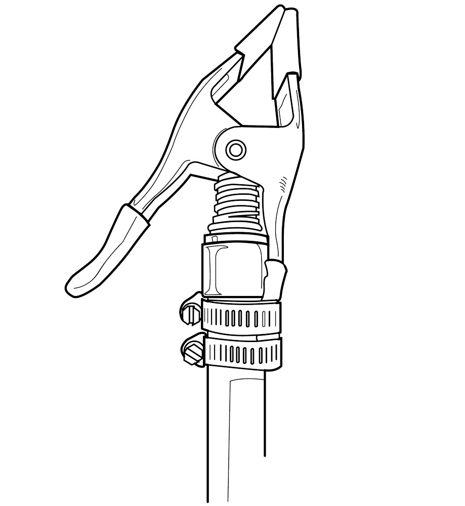 <strong>Figure 1:</strong> A homemade stick clip made from a broom handle or extendable pole and a metal spring clamp secured by ring clamps. <strong>Figure 1:</strong> A homemade stick clip made from a broom handle or extendable pole and a metal spring clamp secured by ring clamps.