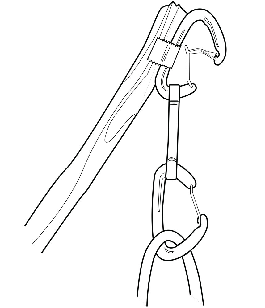 <strong>Figure 3:</strong> An original stick clip made with a quickdraw taped to a stick, and the top biner wedged open with a twig. <strong>Figure 3:</strong> An original stick clip made with a quickdraw taped to a stick, and the top biner wedged open with a twig.