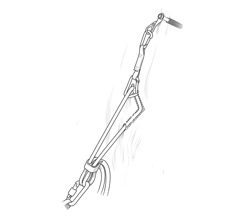 An A-thread is a vertically oriented version of the V-thread and can let the rope pull more easily for retrieval. Note the ice-screw backup, to be removed by the last person to rappel. An A-thread is a vertically oriented version of the V-thread and can let the rope pull more easily for retrieval. Note the ice-screw backup, to be removed by the last person to rappel.