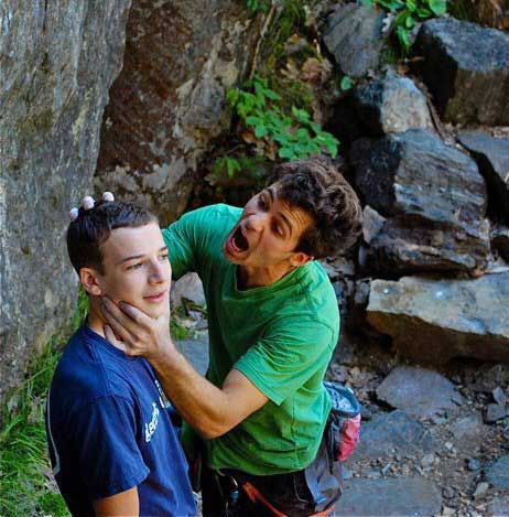 Goofing with another New York climber, J.P. Whitehead, at Rumney. Photo: Michael Penn.