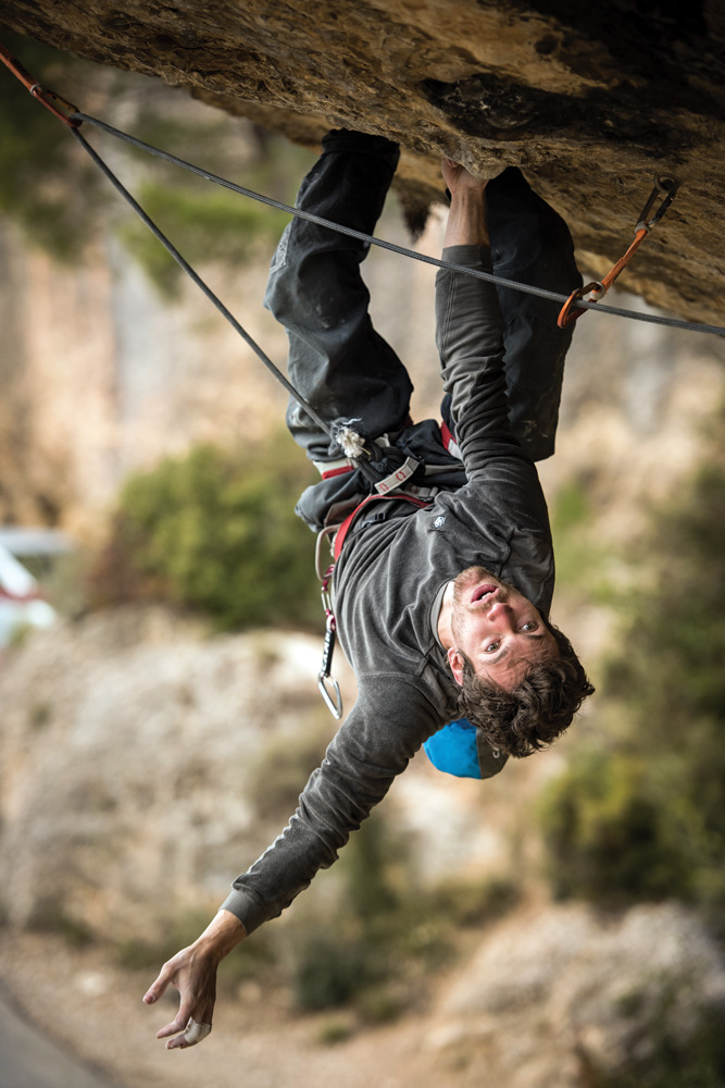 Stefano Ghisolfi and the roof route <em>Demencia Senil</em> (9a+/5.15a), established by Chris Sharma in Margalef, Spain. Photo: Paolo Sartori. Stefano Ghisolfi and the roof route <em>Demencia Senil</em> (9a+/5.15a), established by Chris Sharma in Margalef, Spain. Photo: Paolo Sartori.