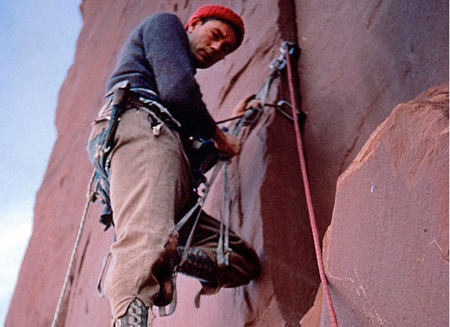Layton Kor on the first ascent of Monster Tower, Canyonlands, in 1963. Courtesy Layton Kor collection.