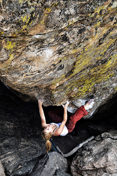 Mina crushing <em>Tommy's Arete</em> (V7), Rocky Mountain National Park, CO. Photo: Dave Mason.