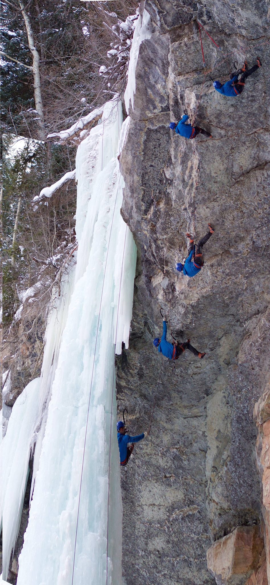 Ryan Vanchon during an attempt of Saphira (M15-) in Vail, Colorado’s Fang Amphitheater. The route traverses the horizontal roof from right to left in the photo, crossing behind The Fang (WI 5/6) to finish on Jeff Lowe’s Octopussy (WI 6 M8). Photo: Mylène Jacquemart. Ryan Vanchon during an attempt of Saphira (M15-) in Vail, Colorado’s Fang Amphitheater. The route traverses the horizontal roof from right to left in the photo, crossing behind The Fang (WI 5/6) to finish on Jeff Lowe’s Octopussy (WI 6 M8). Photo: Mylène Jacquemart.