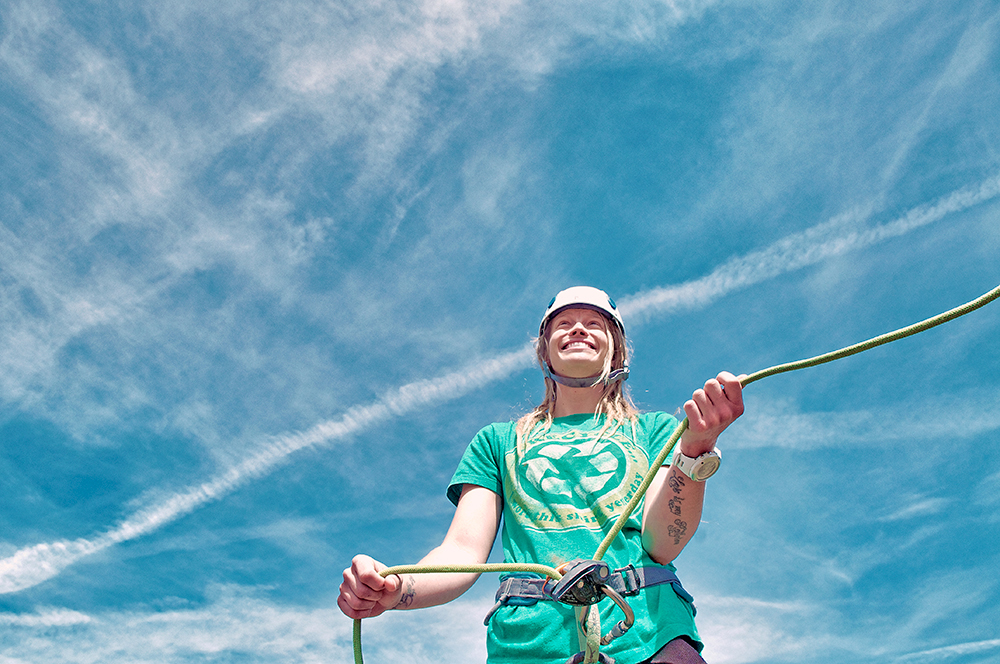 <em>Rock and Ice</em> intern Ryan Gannaway wears her helmet in style while belaying. Photo by Randy Levensaler. <em>Rock and Ice</em> intern Ryan Gannaway wears her helmet in style while belaying. Photo by Randy Levensaler.
