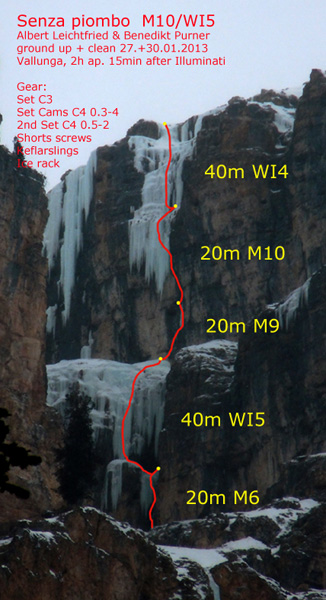 Leichtfried on the crux of <em>Senza Piombo</em>. Photo by Klaus Kranebitter.” style=”border: 0px none; float: right;” src=”https://d1vs4ggwgd7mlq.cloudfront.net/wp-content/uploads/Article-Images/News-Photos/Albert_Benni_Senza_piombo_M10.jpg” /><br /></span></p>
<div>Returning three days later, Leichtfried fired the fourth pitch, and then swapped leads with Purner who climbed the final ice curtain, which was “rather scary” due to warm weather. <em>Senza Piombo</em> (M10 WI5 140m) is possibly the hardest traditionally protected mixed route in the world. <br /><img alt=