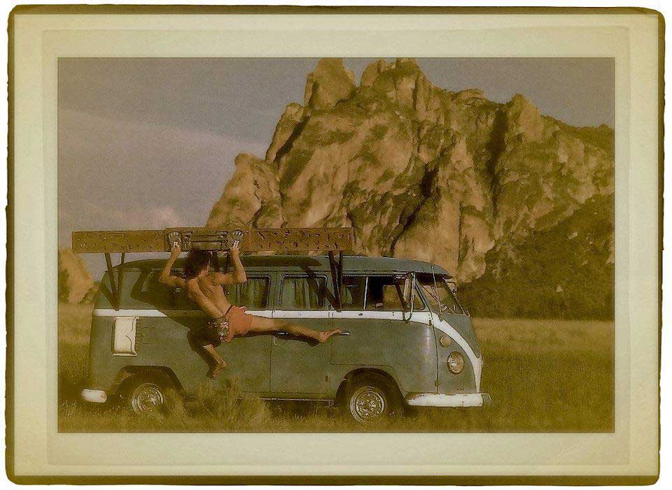 German climbing legend Stefan Glowacz works out on the side of a VW Bus. Photo by Uli Wiesmeier courtesy of Glowacz. German climbing legend Stefan Glowacz works out on the side of a VW Bus. Photo by Uli Wiesmeier courtesy of Glowacz.