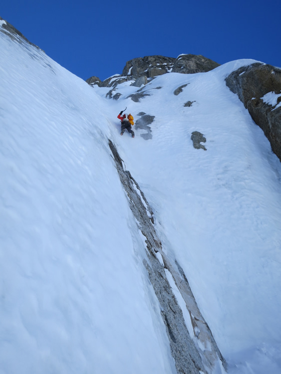 Griffith begins the Lagarde Direct on the Northeast Faces of Les Droites. Photo: Alpineexposure.com