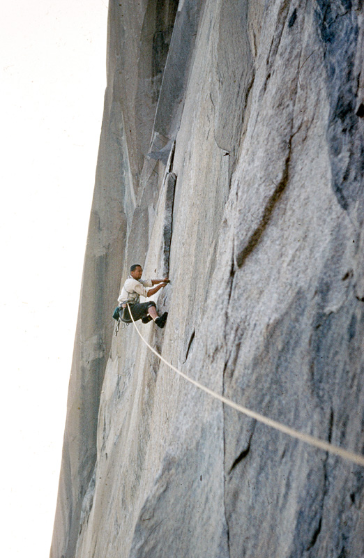 Tom Frost climbs high on the <em>North American Wall</em> during the first ascent. Photo: Royal Robbins collection.