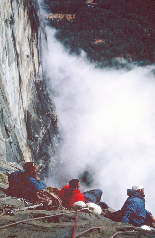 Chouinard, Pratt and Robbins watching the clouds part after a stormy bivy, as captured by Tom Frost.