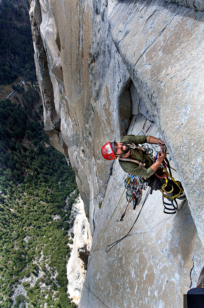 McNeely on the tenuous <em>Space</em> (VI A4+), right side of El Cap, which he climbed with Cedar Wright, and Timmy and Sean O’Neill. Photo: Ben Van Der Kooster.