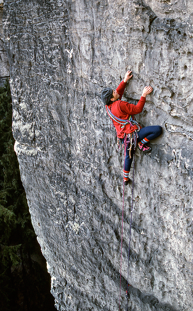 Bernd Arnold, a leading Saxony climber, establishes a first ascent on the histoical sandstone walls of the Eldsandstein, near Dresden, Germany. Rock climbing, as we think of it, began here well over a hundred years ago. Photo: Duane Raleigh. Bernd Arnold, a leading Saxony climber, establishes a first ascent on the histoical sandstone walls of the Eldsandstein, near Dresden, Germany. Rock climbing, as we think of it, began here well over a hundred years ago. Photo: Duane Raleigh.